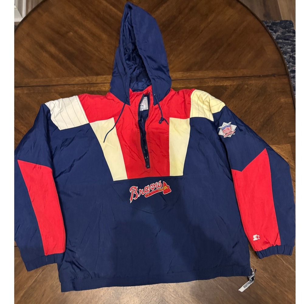 Starter Atlanta Braves Baseball Jacket Pullover Hoodie Red Blue Men's L |CC